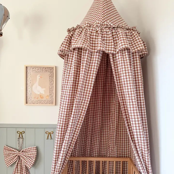 Brown Gingham Bed Canopy with Frilly Fringe - *Pre-Order now for delivery before Xmas*