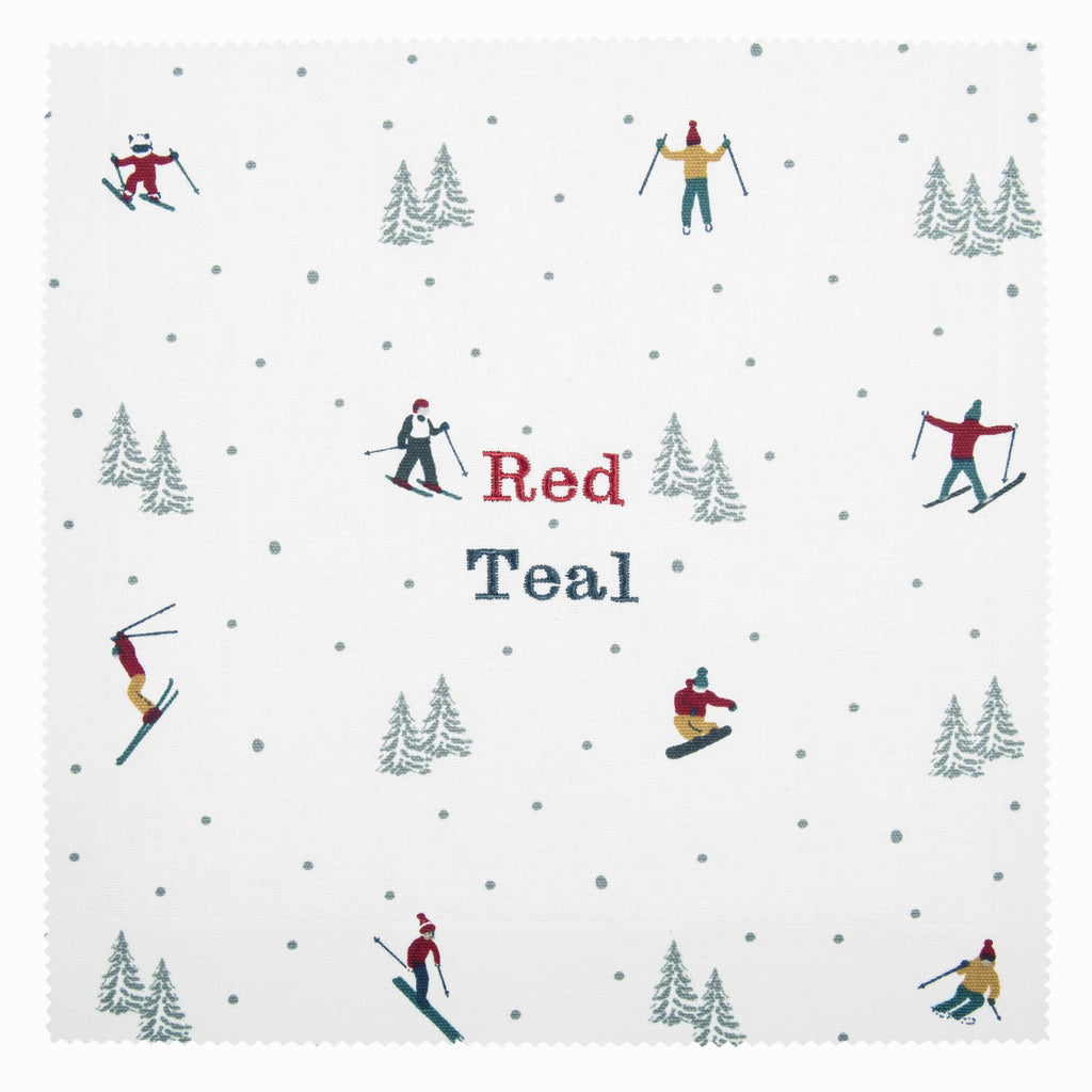 Pattern of skiers and trees on a white background with 'Red Teal' text.