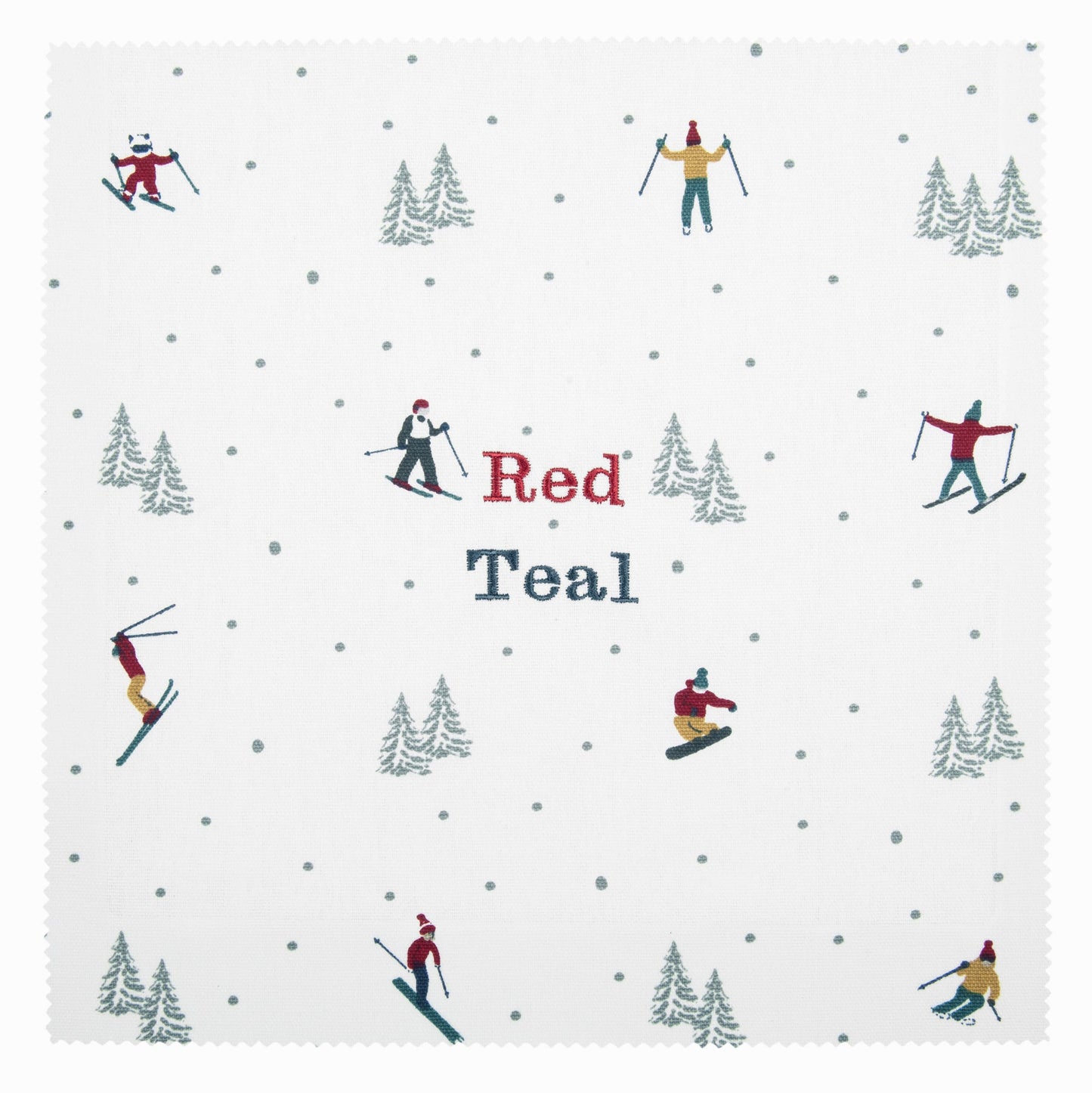 Pattern of skiers and trees on a white background with 'Red Teal' text.
