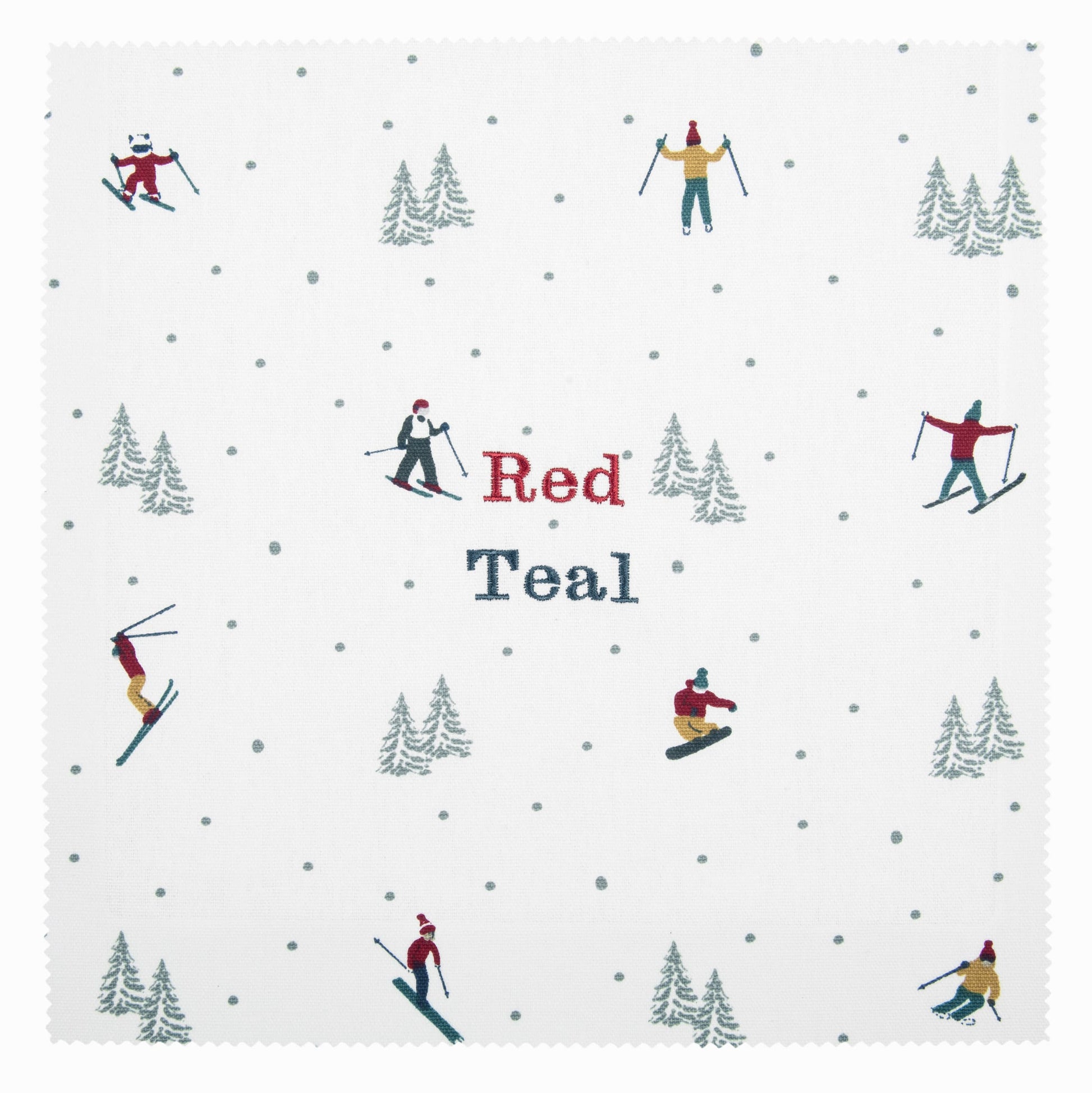 Pattern of skiers and trees on a white background with 'Red Teal' text.