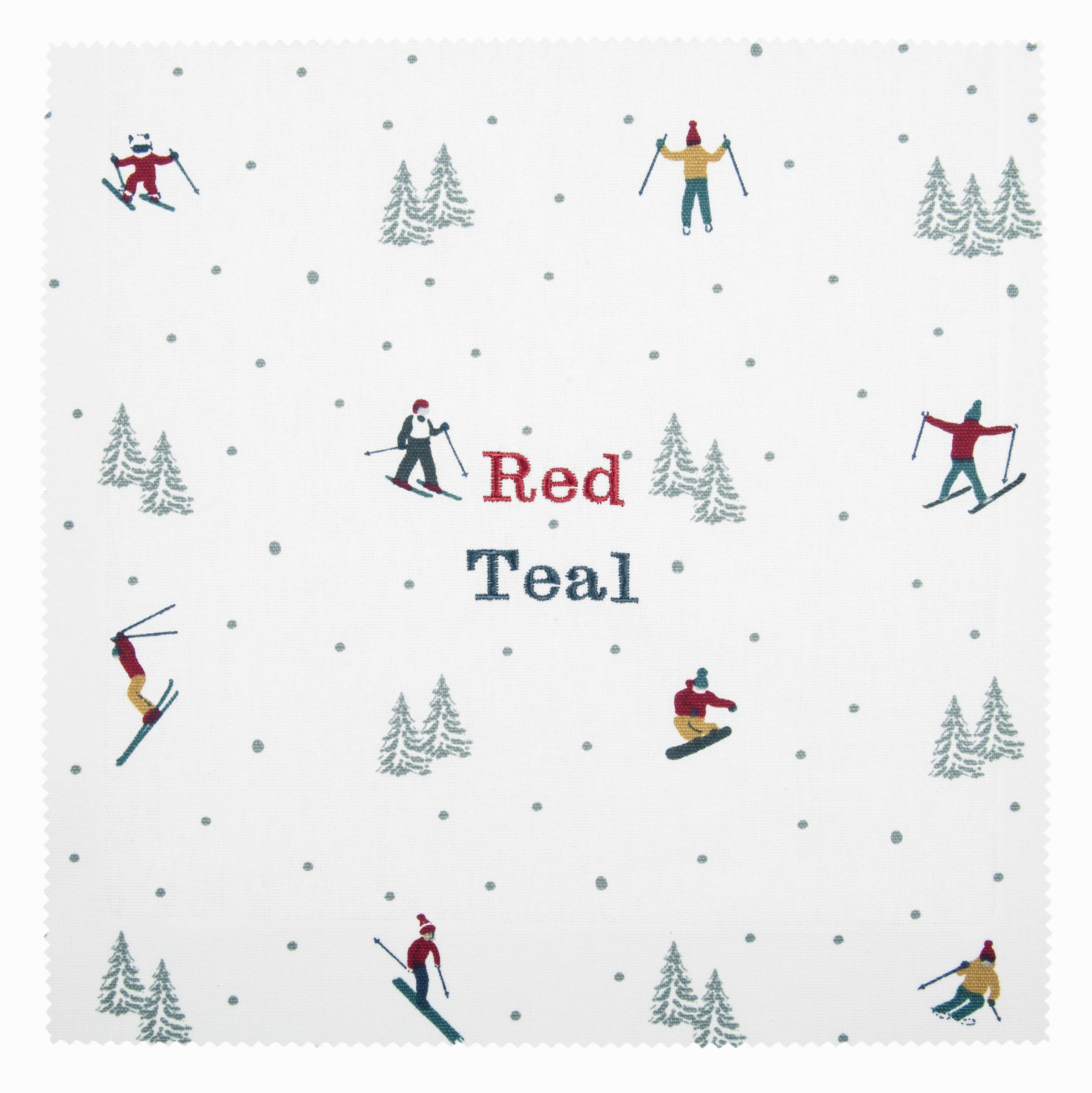 Pattern of skiers and trees on a white background with 'Red Teal' text.