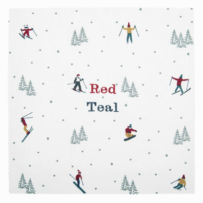 Pattern of skiers and trees on a white background with 'Red Teal' text.