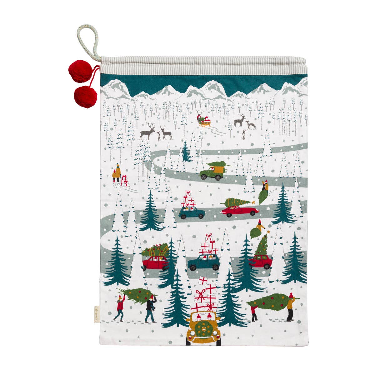 Fabric with Christmas tree and reindeer pattern on a white background