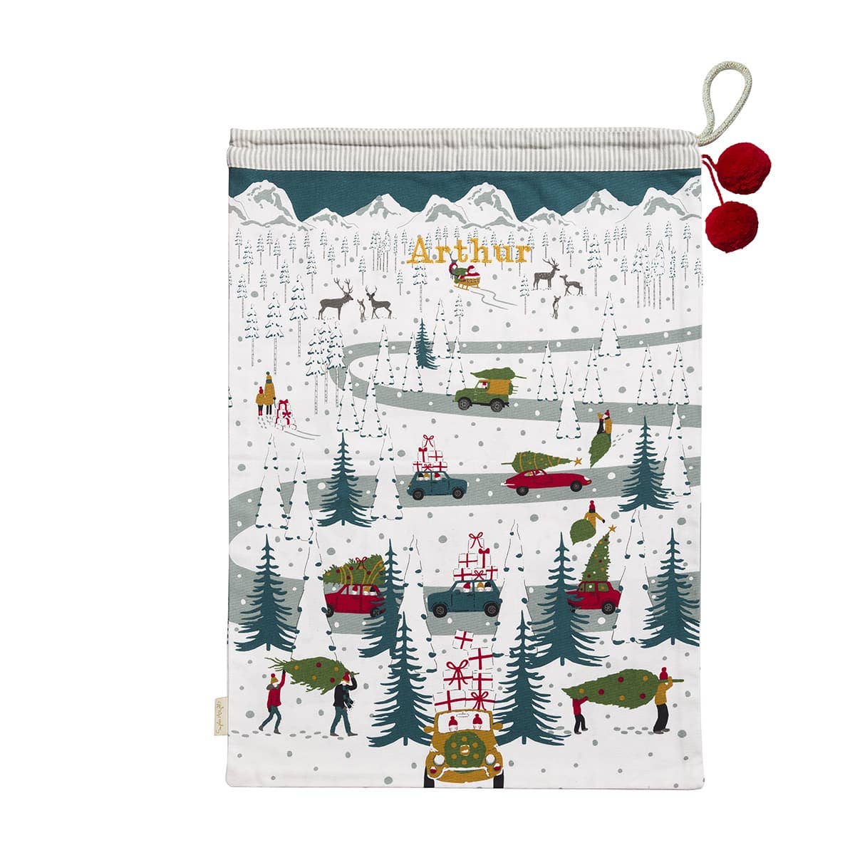 Fabric bag with Christmas-themed design featuring trees, reindeer, and Santa Claus.