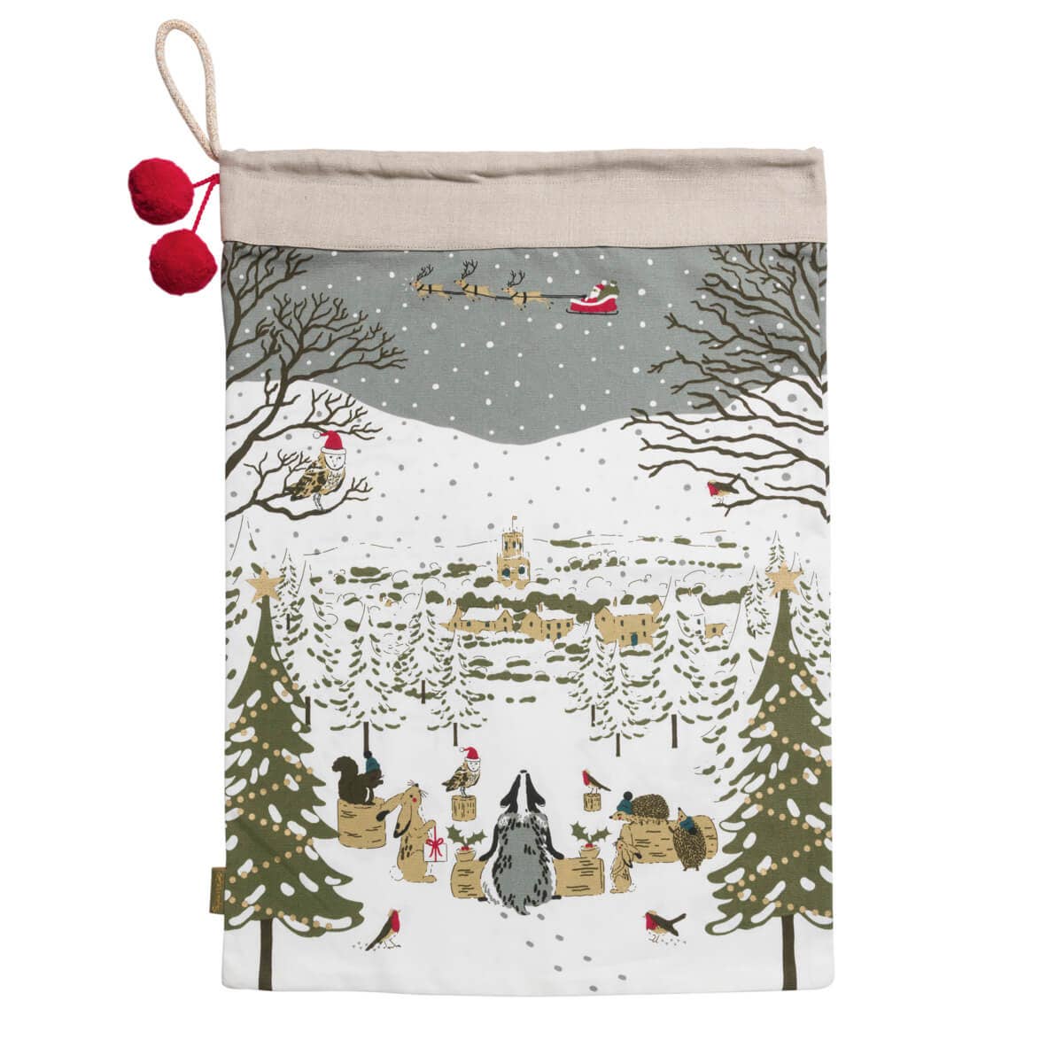 Decorative Christmas pouch with festive design of Santa Claus and reindeer in a snowy village.