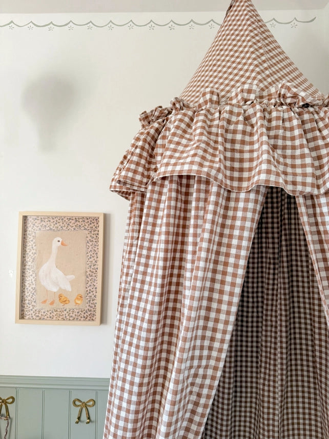 Brown Gingham Bed Canopy with Frilly Fringe - *Pre-Order now for delivery before Xmas*