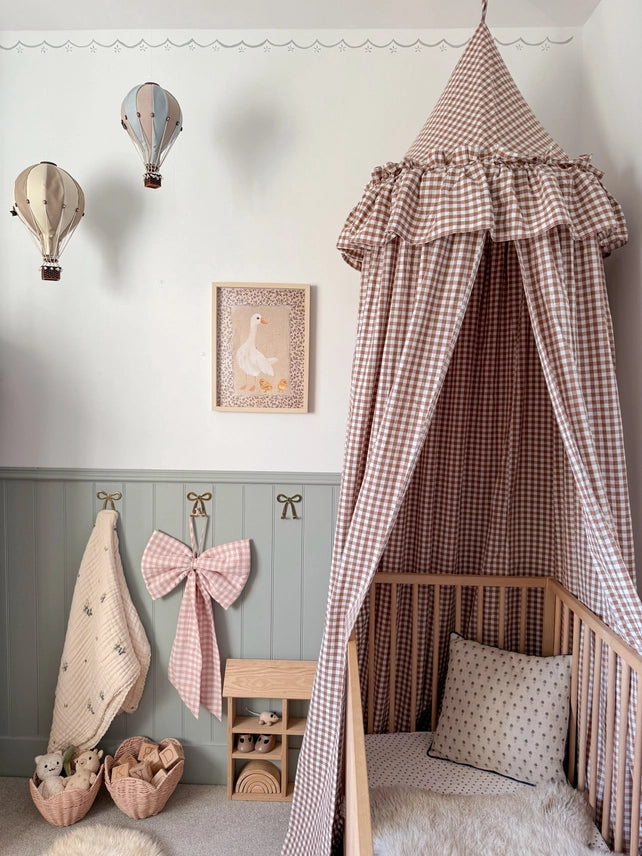 Brown Gingham Bed Canopy with Frilly Fringe - *Pre-Order now for delivery before Xmas*