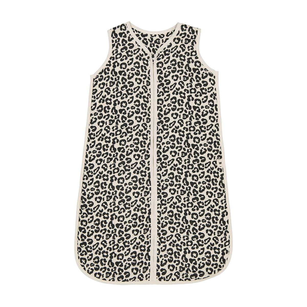 Adele lightweight baby sleeping bag in Graou black leopard print on cream cotton, featuring a sleeveless design, front zip fastening and cream edging against a white background.