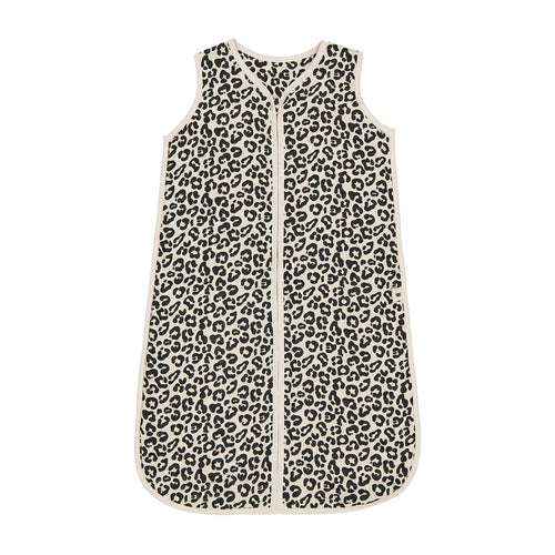 Adele lightweight baby sleeping bag in Graou black leopard print on cream cotton, featuring a sleeveless design, front zip fastening and cream edging against a white background.