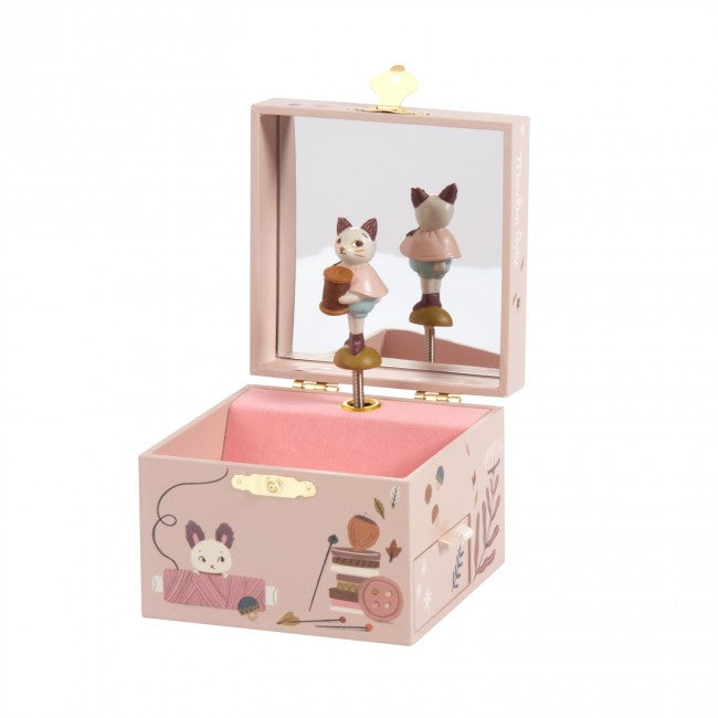 Open After the Rain musical jewellery box with a cat figure, mirror and pink-lined storage compartment on a white background
