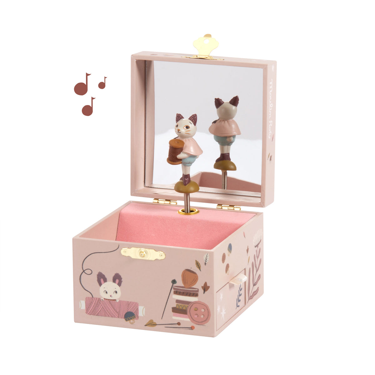 After the Rain musical jewellery box with two cat figures, a mirror and pink interior, illustrated with delicate nursery designs on a white background