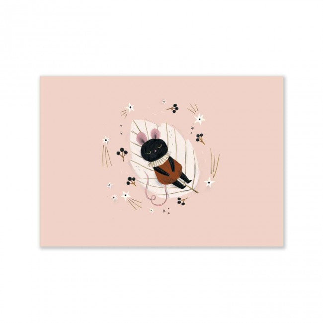 Après la Pluie poster featuring a black bee surrounded by flowers and stars on a dusky pink background