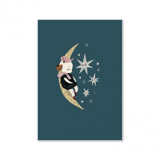 Après la Pluie poster featuring a character sitting on a crescent moon surrounded by stars on a dark blue background