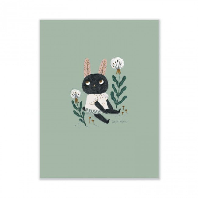 Après la Pluie poster featuring a black rabbit sitting among flowers and plants on a sage green background