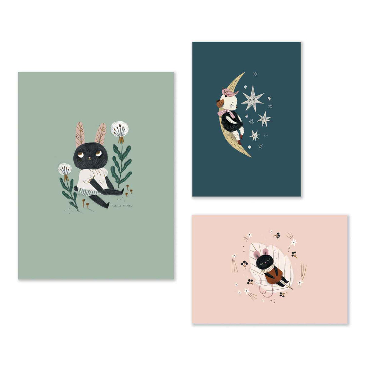 Set of three Après la Pluie posters featuring a black rabbit, a character sitting on a crescent moon and a bee in sage green, dark blue and dusky pink designs