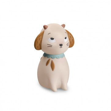 Cream sheep-shaped night light with brown floppy ears, a pale blue collar and a small brown leaf detail.