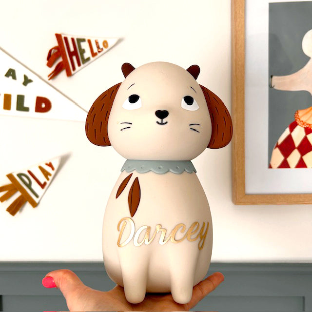 Cream sheep night light with brown ears and pale blue collar, personalised with the name Darcey in gold lettering.