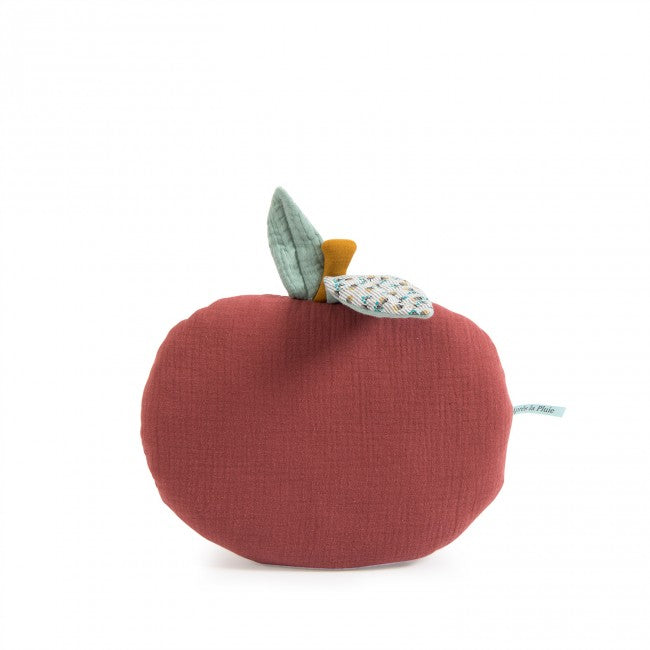 Plum red apple-shaped cushion with a green leaf and patterned stem detail on a white background
