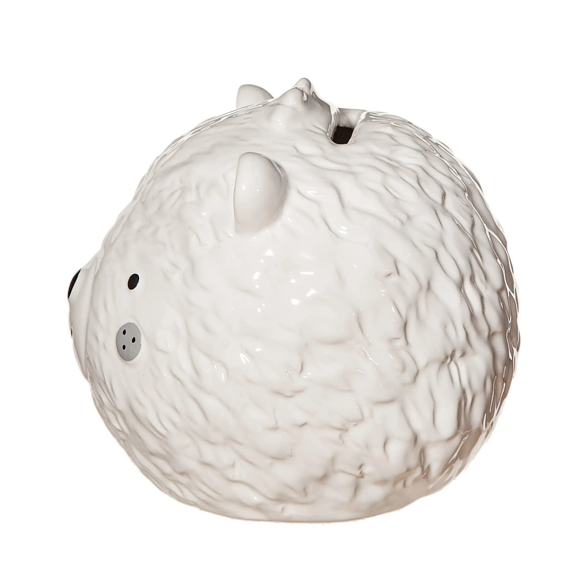 White ceramic bear money box viewed from the back, showing its textured fur and coin slot