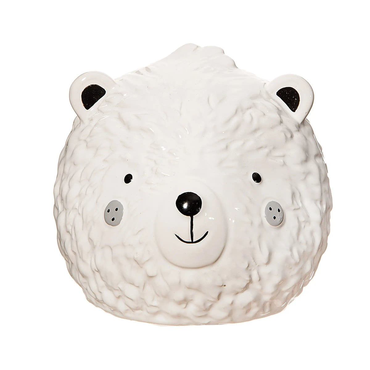 White ceramic bear money box with a textured fur design and friendly face on a white background