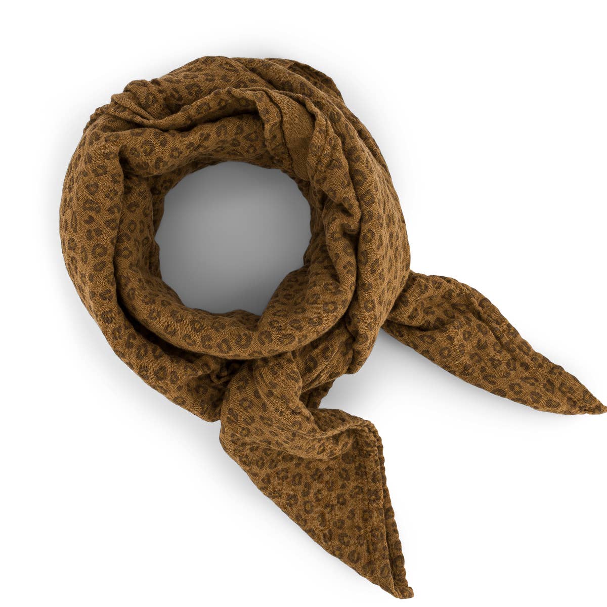 Bianca Mini Leopard Cumin cotton muslin swaddle scarf in warm brown with a small leopard print, folded on a white background.