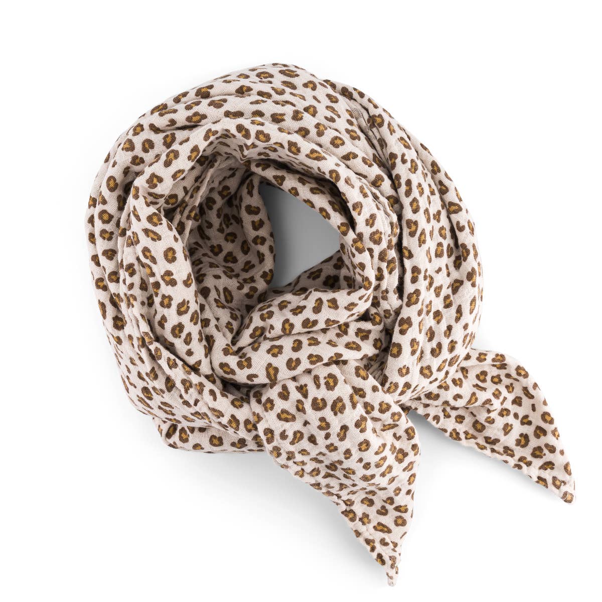 Bianca Mini Leopard Greige cotton muslin swaddle rolled into a loose circle, showing its cream fabric and brown leopard print.