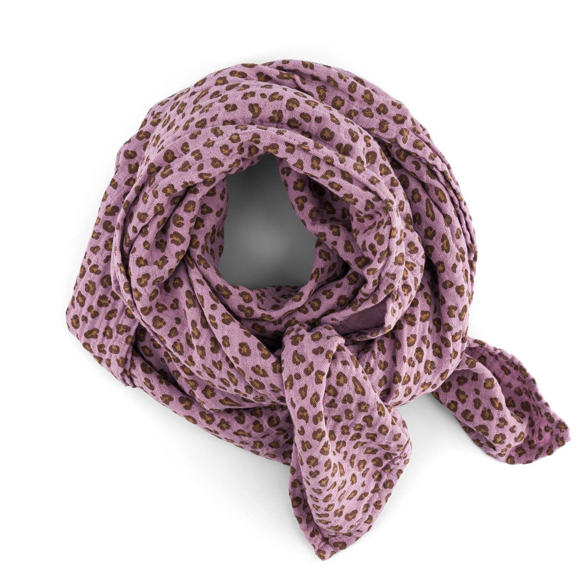 Bianca Mini Leopard Lilac cotton muslin swaddle featuring a lilac background with a small brown leopard print, arranged on a white background.