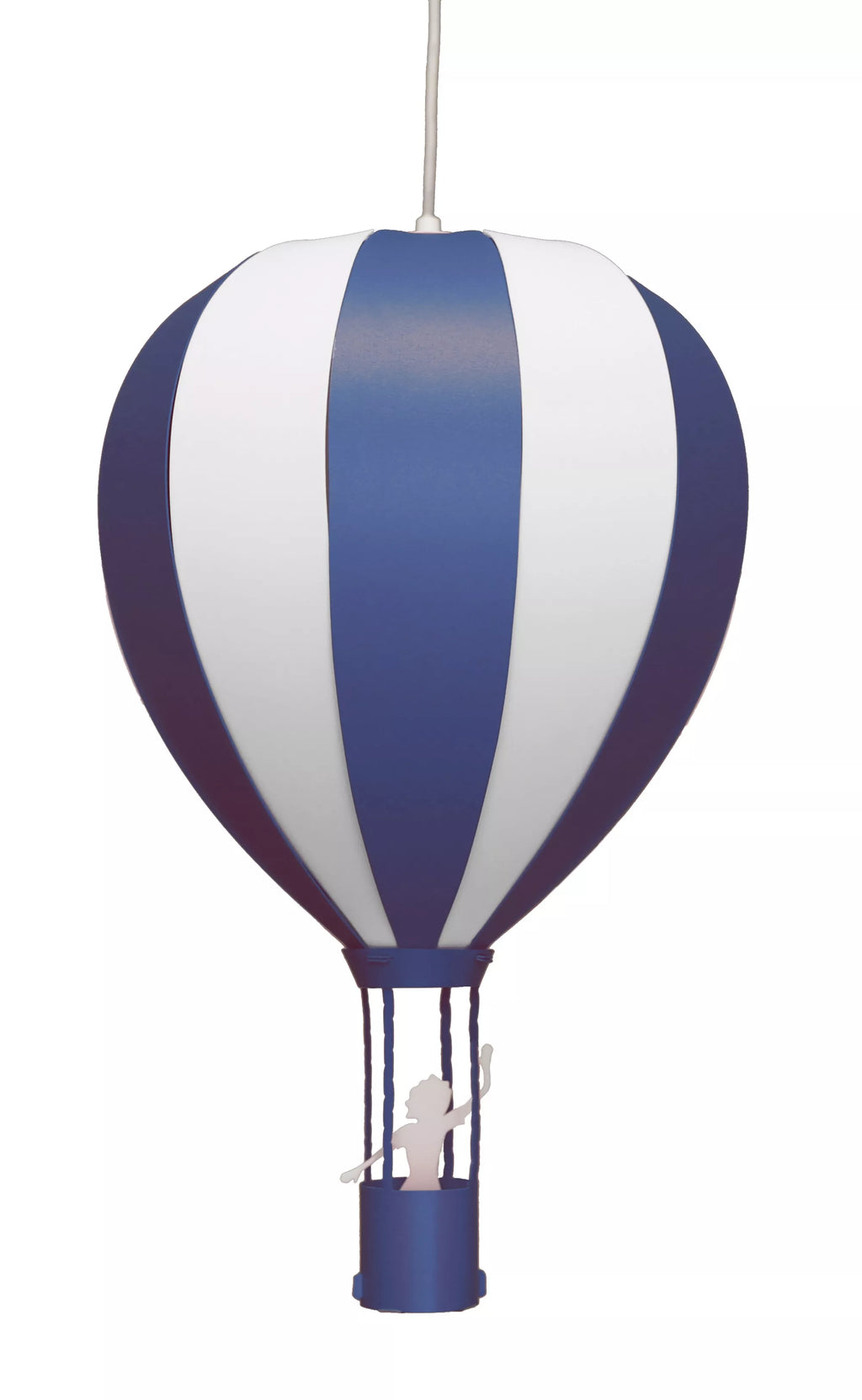 Blue and white striped hot air balloon pendant light with a small basket hanging against a white background