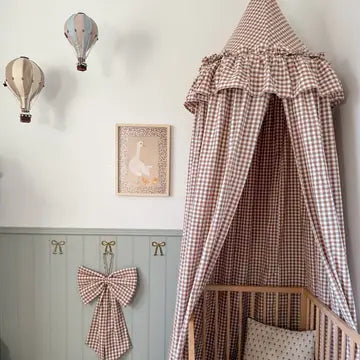 Brown Gingham Bed Canopy with Frilly Fringe - *Pre-Order now for delivery before Xmas*