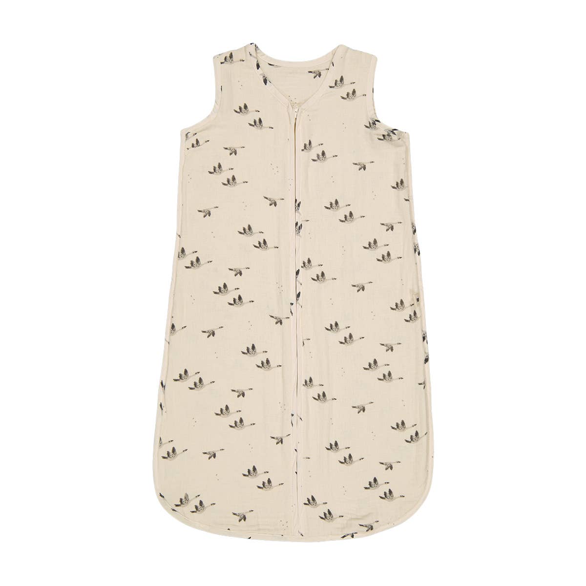Charly Goose lightweight summer baby sleeping bag in cream with a grey flying goose print, sleeveless design and a full-length front zip.