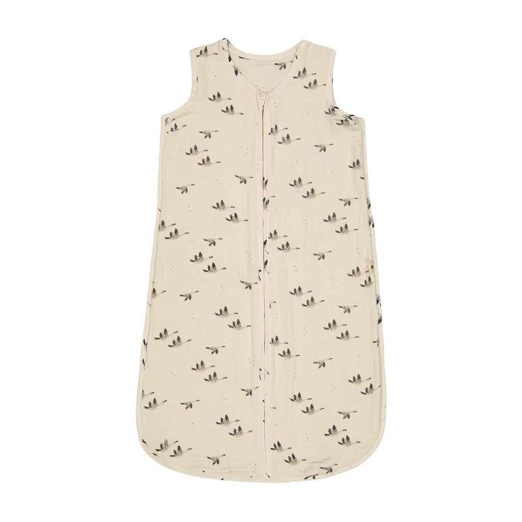Charly Goose lightweight summer baby sleeping bag in cream with a grey flying goose print, sleeveless design and full-length front zip.