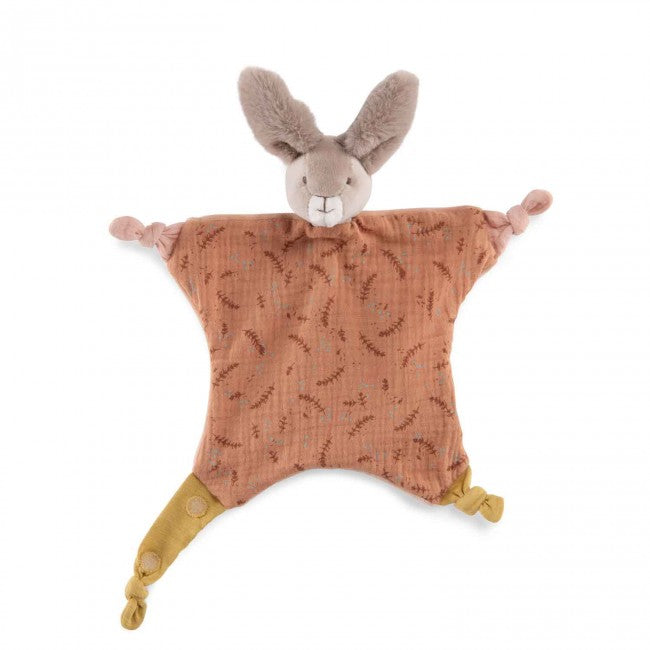 Clay bunny comforter with soft grey rabbit ears, terracotta patterned fabric and knotted corners on a white background