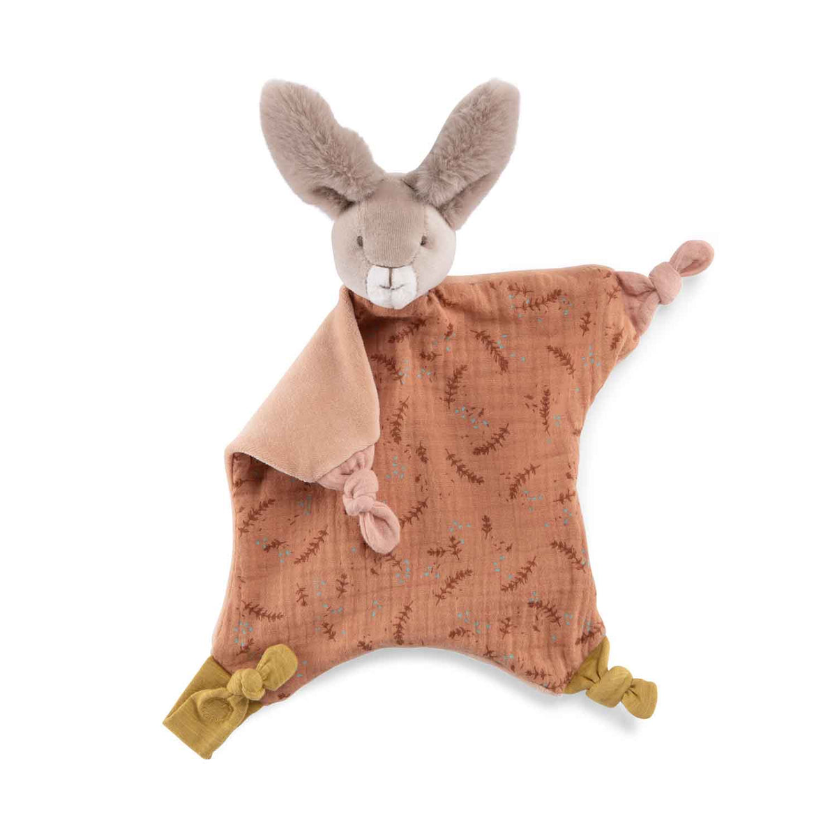 Clay bunny comforter with soft grey rabbit ears, patterned terracotta fabric and knotted corners on a white background