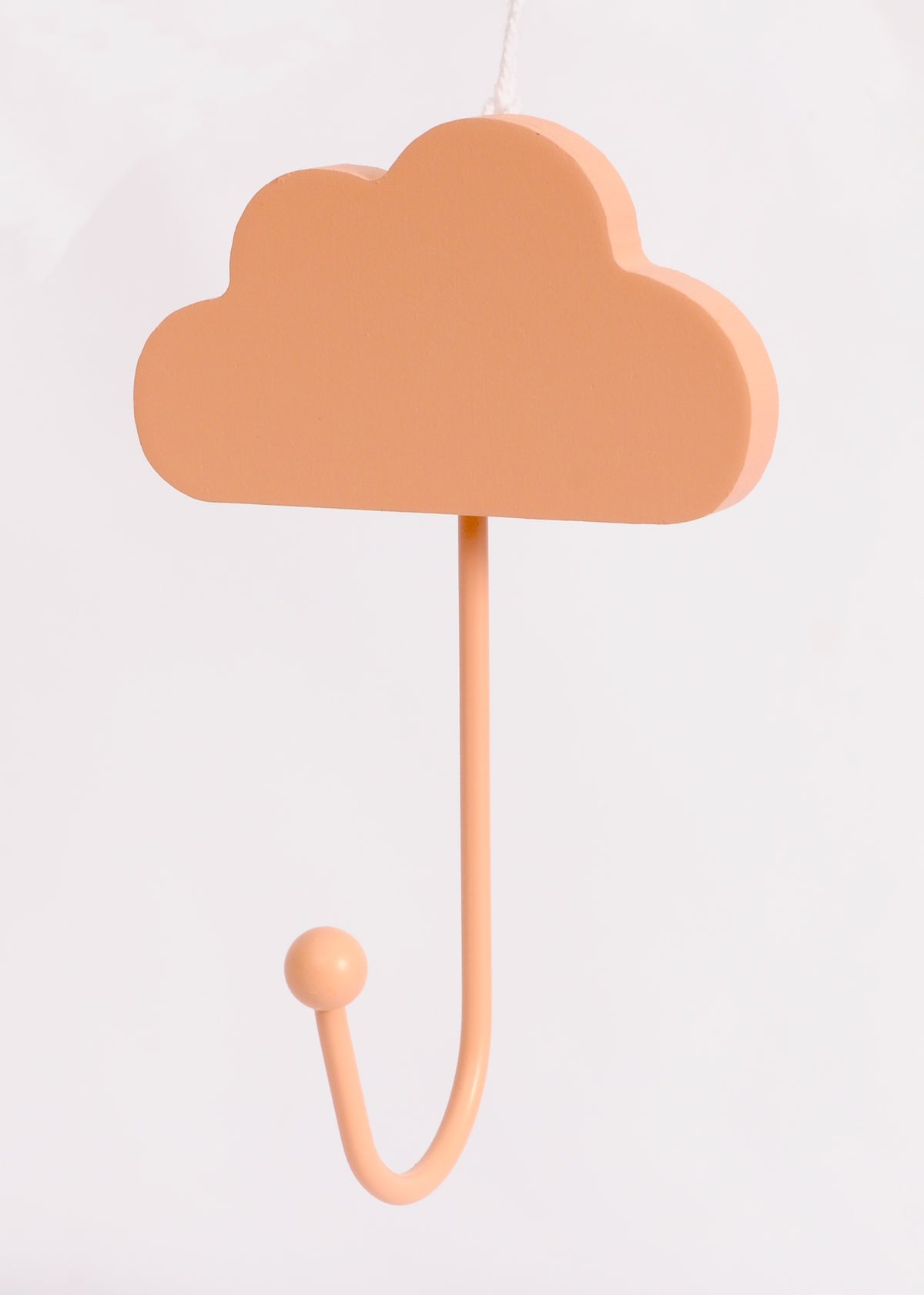 Rose pink cloud-shaped wall hook with a curved hook and round end against a white background