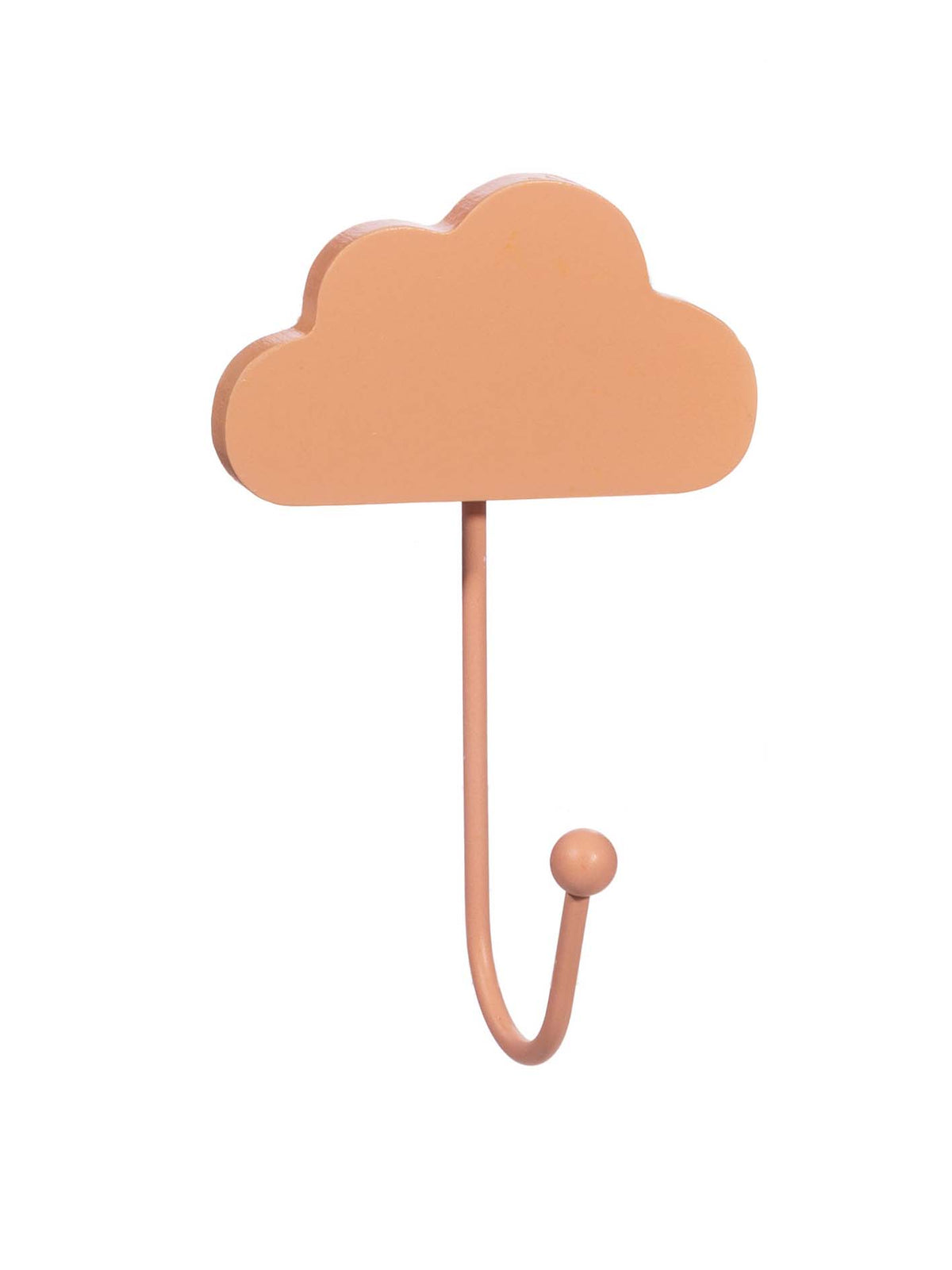 Rose pink cloud-shaped wall hook with a curved hook and round end on a white background