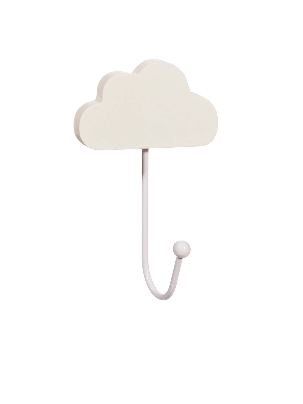 White cloud-shaped wall hook with a curved hook and round end on a white background