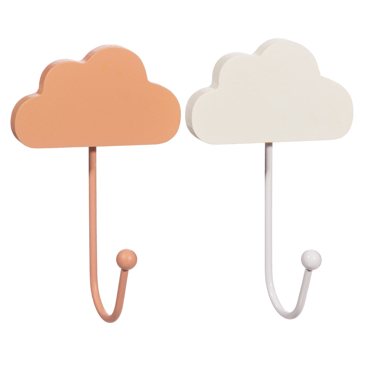Pair of cloud-shaped wall hooks in rose pink and white with curved hooks and round ends on a white background