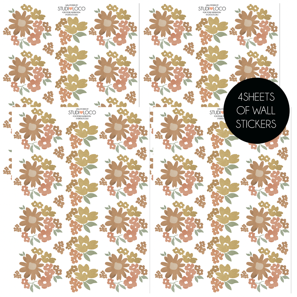 Four sheets of Ditsy floral wall stickers featuring painted-style flowers in muted mustard, terracotta, dusty pink and sage green, with 56 daisies in total.