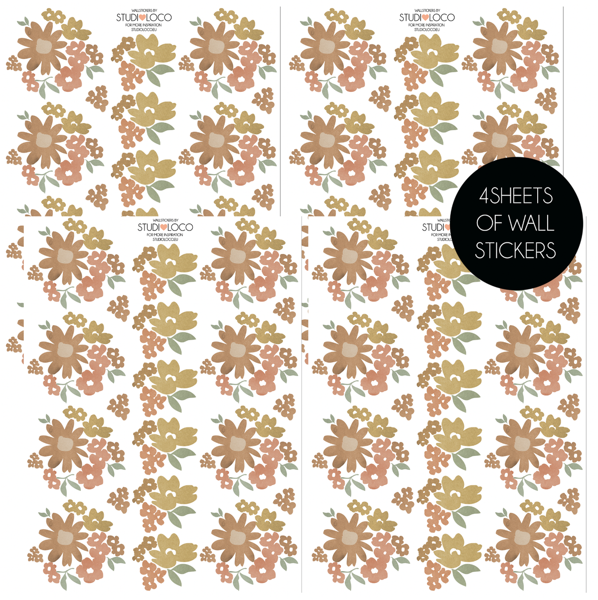 Four sheets of Ditsy floral wall stickers featuring painted-style flowers in muted mustard, terracotta, dusty pink and sage green, with 56 daisies in total.