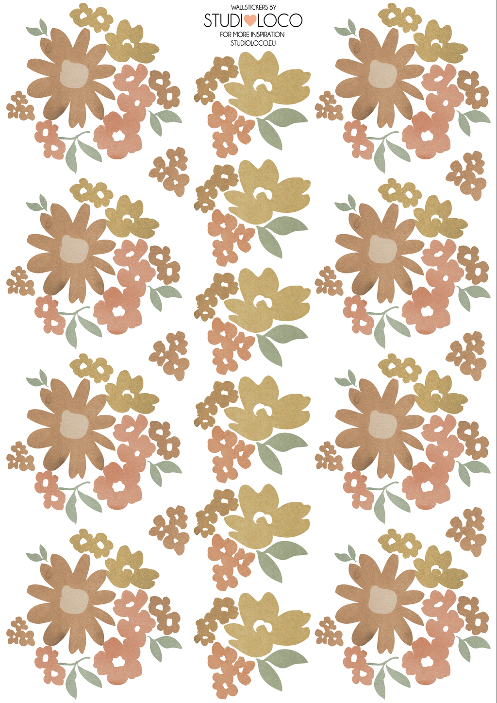 Ditsy floral wall stickers featuring painted-style flowers in muted mustard, terracotta, dusty pink and sage green on a white background.