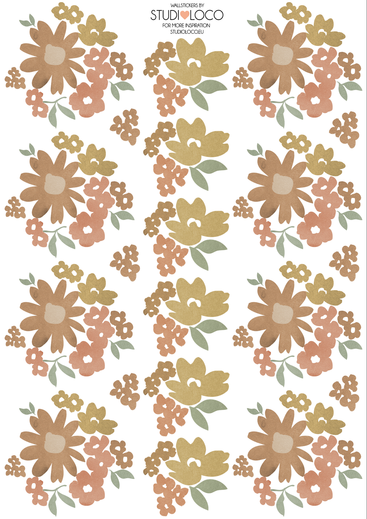 Ditsy floral wall stickers featuring painted-style flowers in muted mustard, terracotta, dusty pink and sage green on a white background.