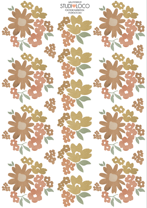 Ditsy floral wall stickers featuring painted-style flowers in muted mustard, terracotta, dusty pink and sage green on a white background.