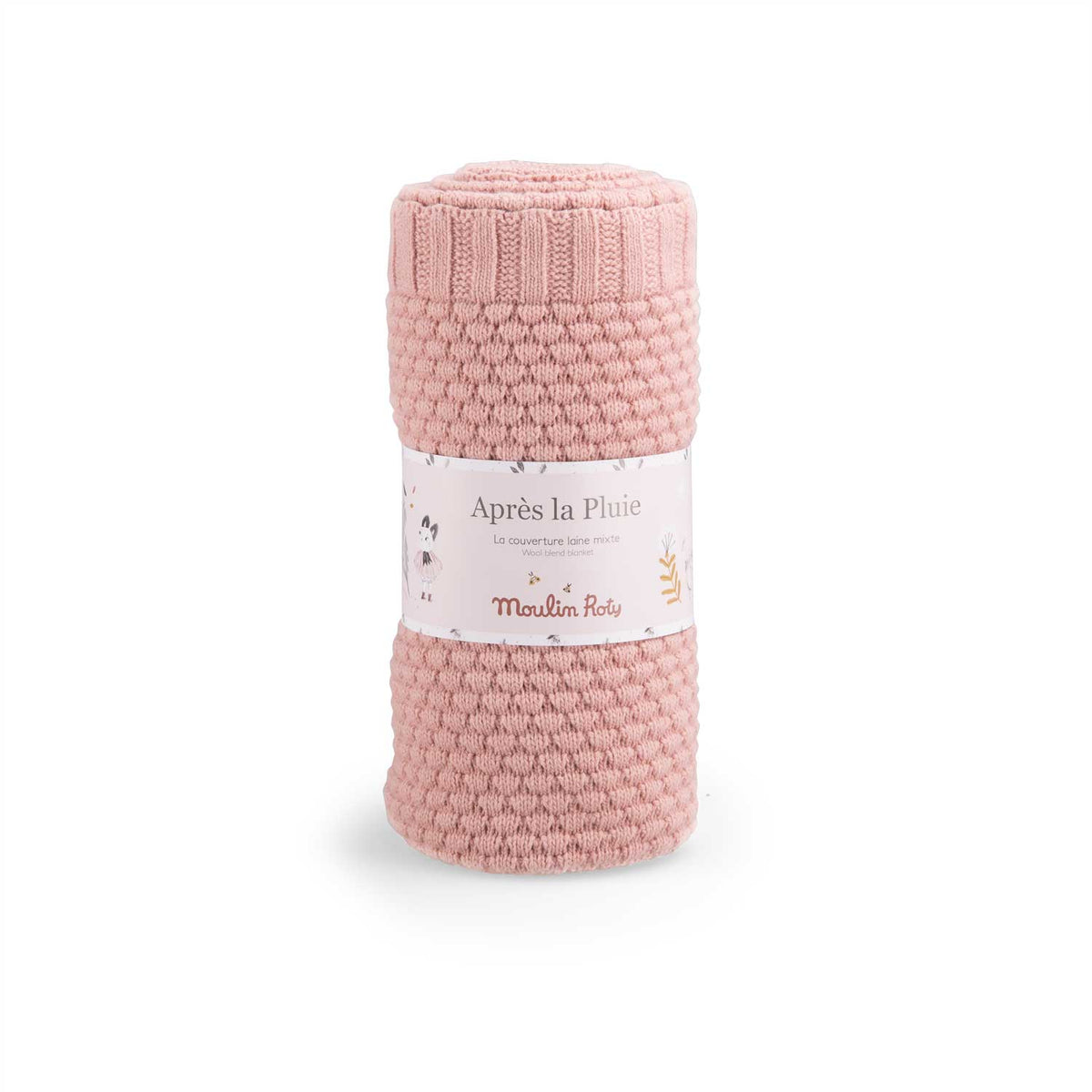 Dusky pink wool blend knitted baby blanket rolled and displayed in Moulin Roty packaging on a white background
