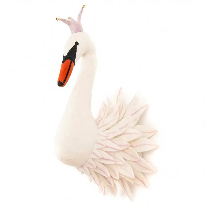 White felt swan wall décor with a pink crown and layered feather details on a white background.