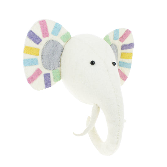 Side view of Fiona Walker Elle the Elephant felt wall head in cream, with colourful pastel stripes on the ears and grey inner-ear details.