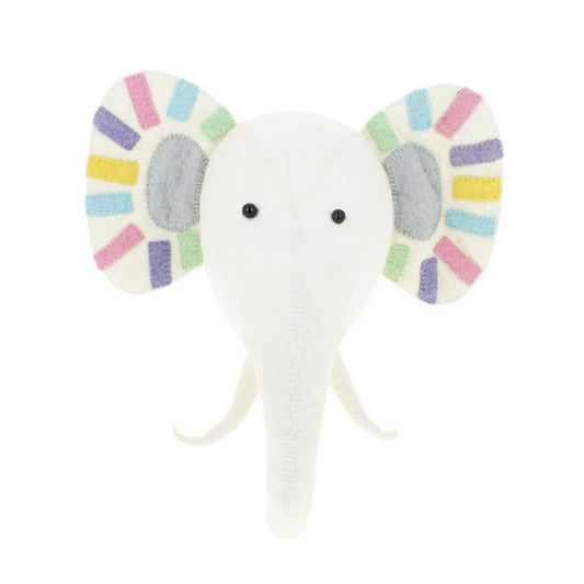 Fiona Walker Elle the Elephant felt wall head in cream, featuring large ears decorated with colourful pastel stripes and grey inner-ear details.