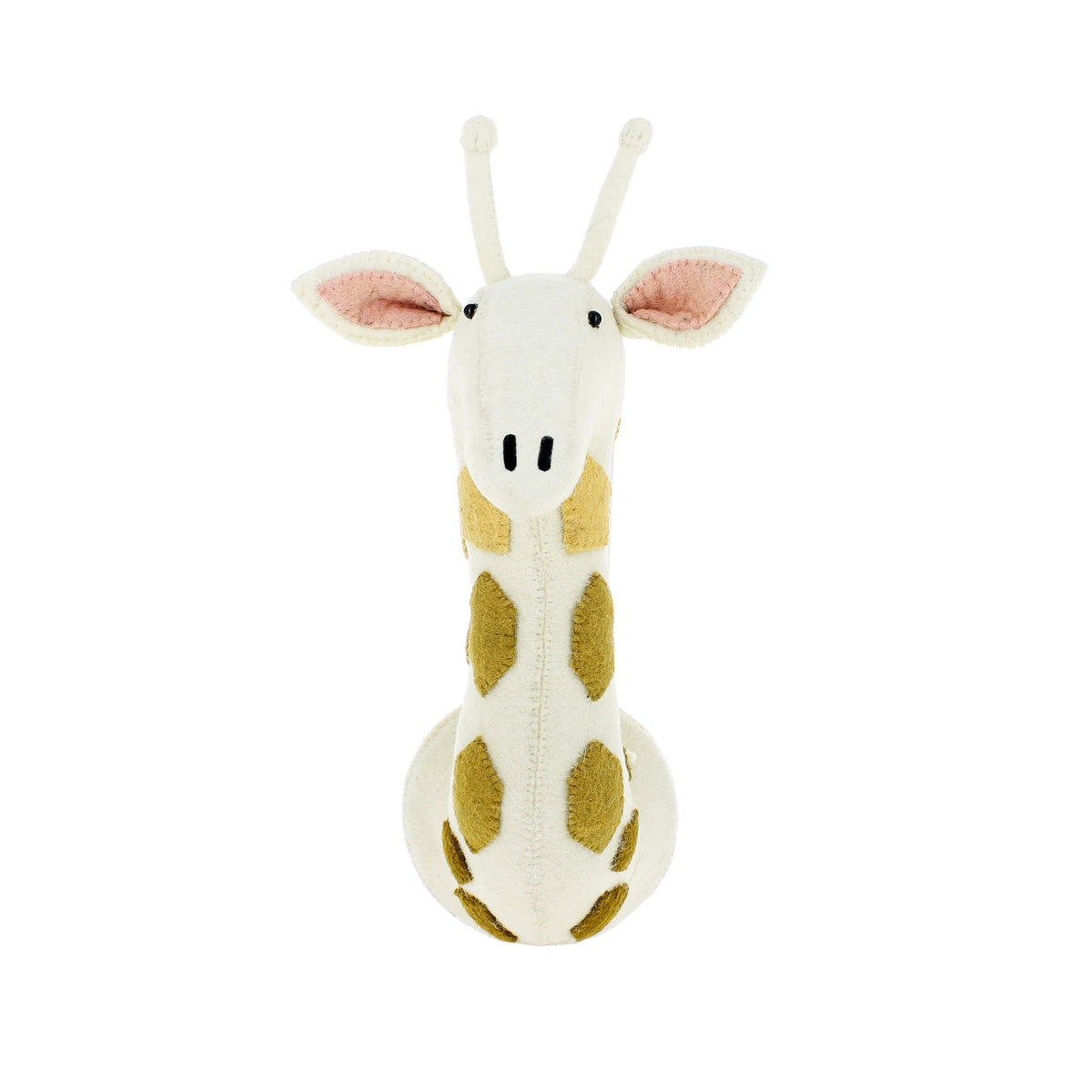 Front view of the Fiona Walker medium giraffe head wall décor, featuring a cream wool face, golden-brown spots, pink inner ears, two upright ossicones and black facial details on a white background.