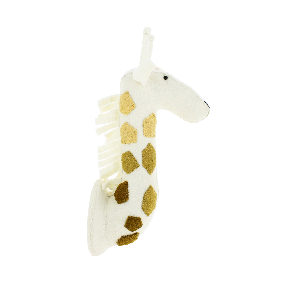 Side profile of the Fiona Walker medium giraffe head wall décor, featuring a cream wool face, golden-brown spots, a textured neck mane and two upright ossicones on a white background.