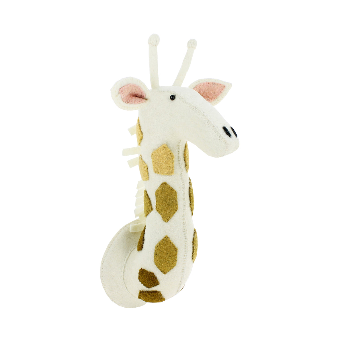 Three-quarter view of the Fiona Walker medium giraffe head wall décor, featuring a cream wool face, golden-brown spots, pink inner ears and a textured neck mane against a white background.