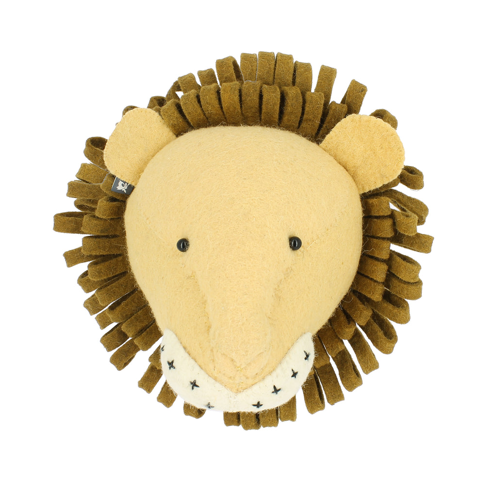 Fiona Walker medium lion head wall décor handcrafted from golden-yellow wool, featuring a dark brown textured mane, rounded ears, black eyes and a cream muzzle with embroidered black details.